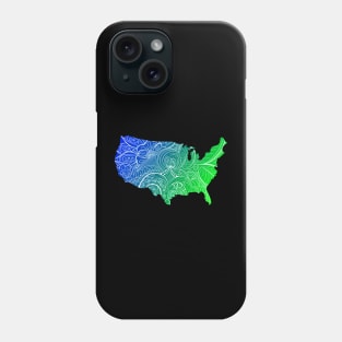 Colorful mandala art map of the United States of America in blue and green Phone Case