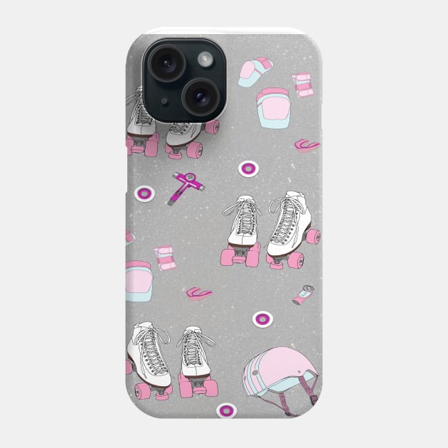 Classic Roller Skates Design with Gear in Pink, Blue, on Silver Digital Glitter Phone Case by PurposelyDesigned