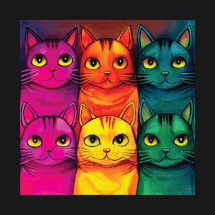 Multicoloured Cats Print in Bold Pink, Orange, Yellow, Green and Blue T-Shirt