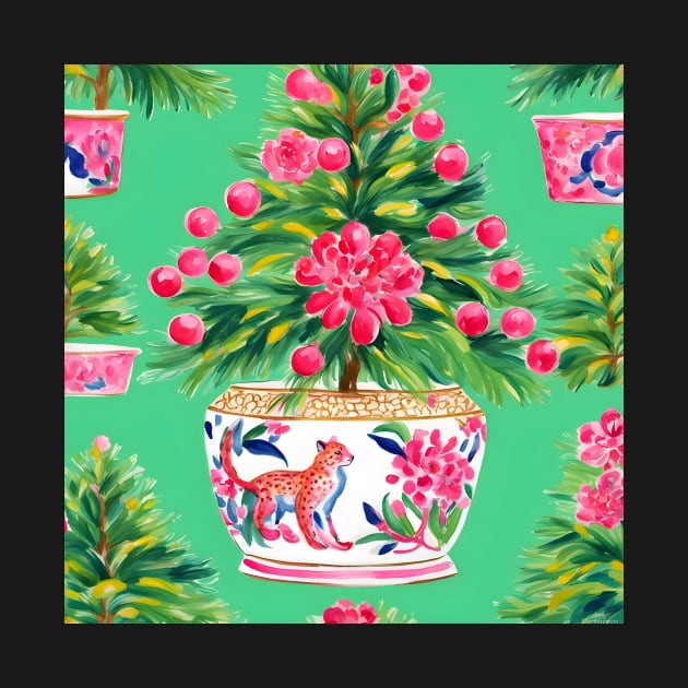 Christmas tree in a chinoiserie jar with cheetah by SophieClimaArt