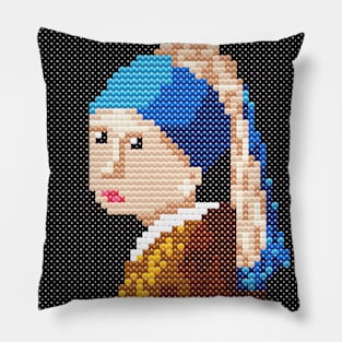 Girl with a Pearl Earring by Johannes Vermeer. Pixel Art Pillow