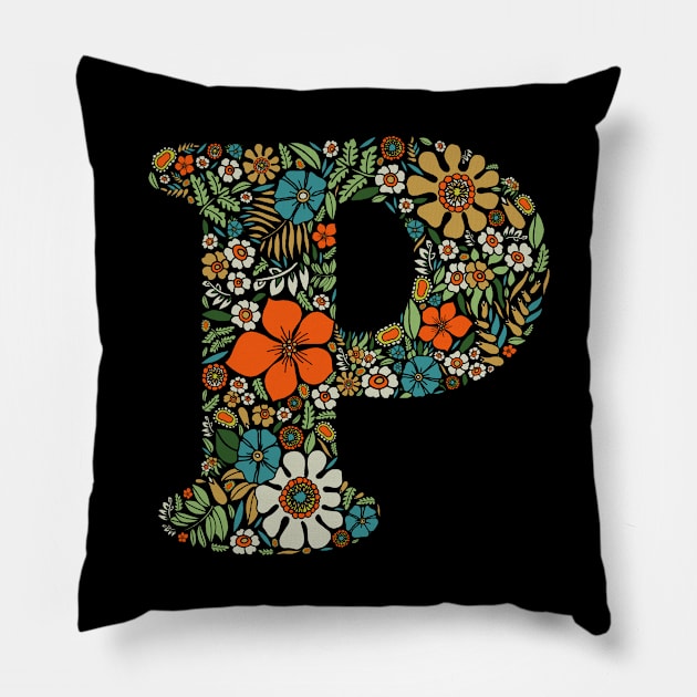 Hippie Floral Letter P Pillow by zeljkica