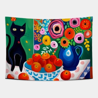 Black Cat with Gift of Fruit and Flowers Still Life Painting Tapestry