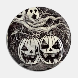 Pumpkin face scary with ghosts and full moon, vintage effect cute Halloween in dark atmosphere Pin