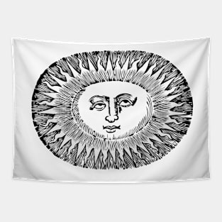 celestial bored sun with face line drawing vintage rays Tapestry