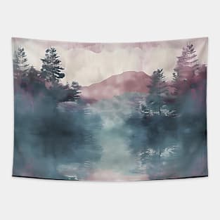 Pastel Colors Painting Of Mountain Trees With Purple Clouds Tapestry