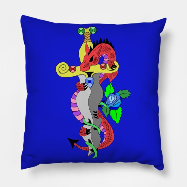 Red dragon and dagger Pillow by MelanieJeyakkumar