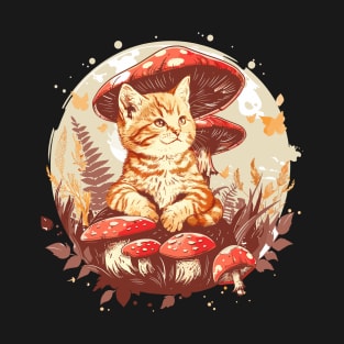 Vintage mushroom Cat Woodland Floral Country Garden Kitten T-Shirt