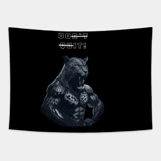 Posing muscular leopard gym motivational quote Tapestry