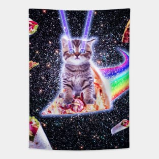 Laser Eyes Space Cat Riding Rainbow Pizza Tapestry