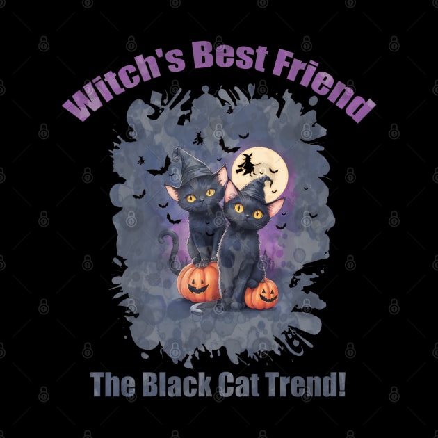 Two cute black cats with witch and cool hat for Halloween season, watercolor style by Collagedream