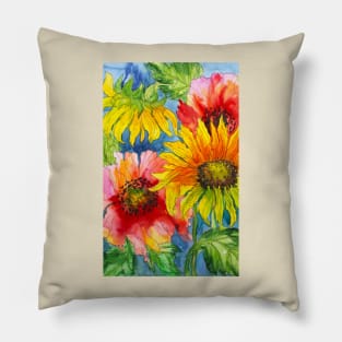 Sunflowers and Poppy Flowers Watercolor Painting Pillow