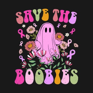 Save The Boobies Ghost Halloween Pink Ribbon Breast Cancer T-Shirt