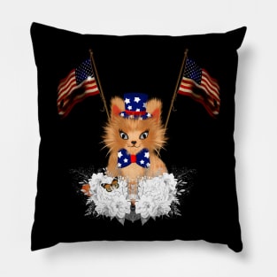 Cute kitten with flag and american flag Pillow