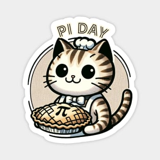 Baker Cat Celebrates Pi Day - Cute Anime-Style Cat with Pie Magnet