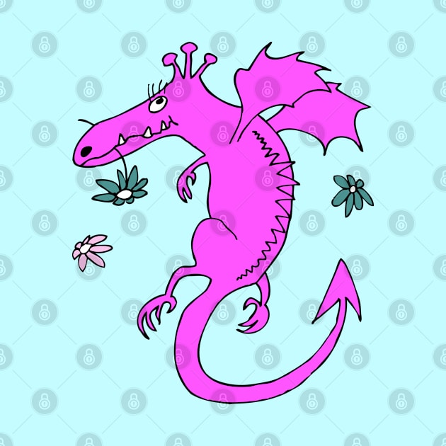 cute happy dragon in pink with flowers by kobyakov