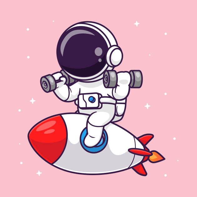 Cute Astronaut Lifting Dumbbell On Rocket Cartoon by Catalyst Labs