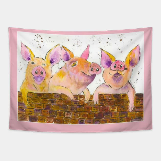 Three quirky pigs chatting over the Wall Tapestry by Casimirasquirkyart