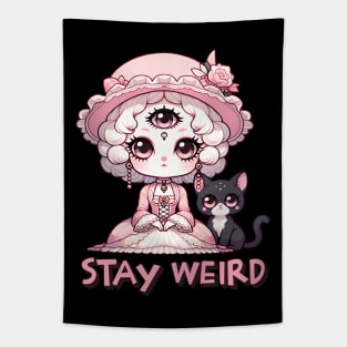 Stay Weird Three Eyed Witch with Black Cat Tapestry