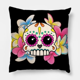 Calavera con Flores - Sugar Skull with Frangipani Flowers Pillow