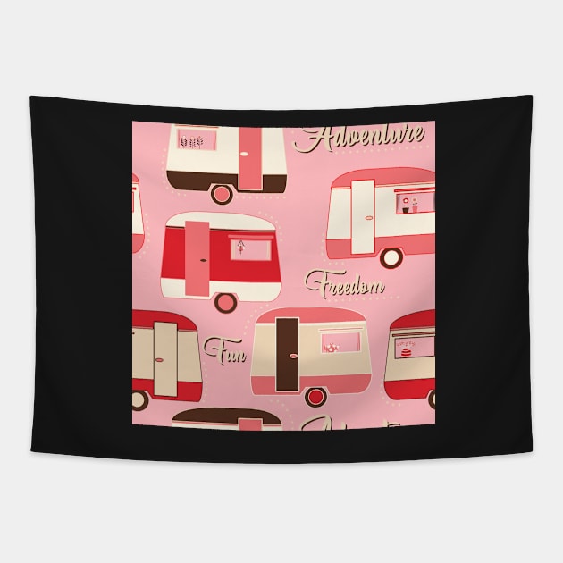 Repeat pattern of vintage caravans in retro colours on pink Tapestry by NattyDesigns