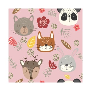 Woodland animals kids pattern pink background T-Shirt