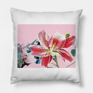 Pink Red Oriental Lily Floral Watercolor Painting Pillow