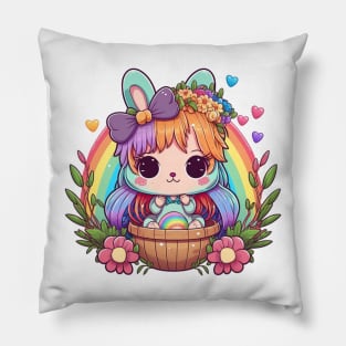 Anime Easter Bunny Girl In Basket. Spring Flowers and Easter Eggs, Rainbow Pillow