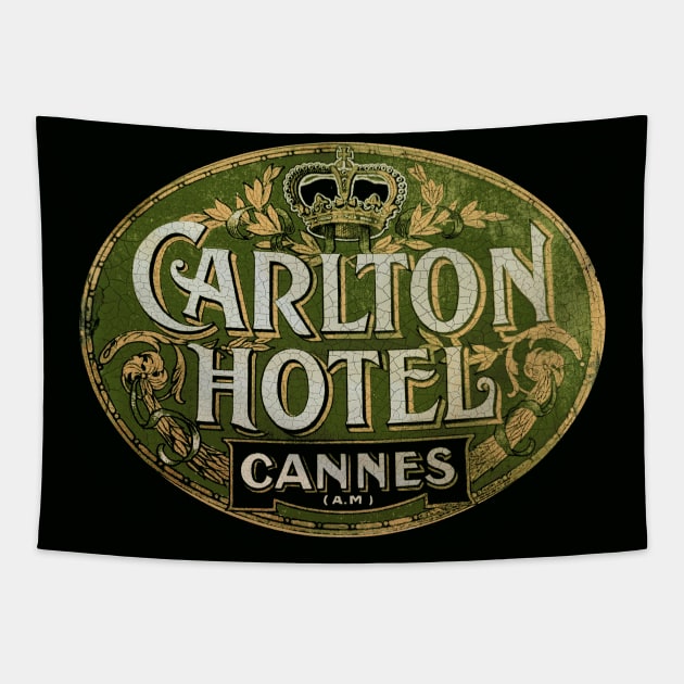 Carlton Hotel Cannes Vintage Luggage Label Tapestry by Midcenturydave