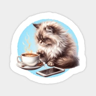Fluffy Cat with Coffee and Phone Magnet