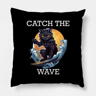 Black Cat Surfing - Catch The Wave (White Lettering) Pillow