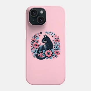 Black cat with flowers Phone Case