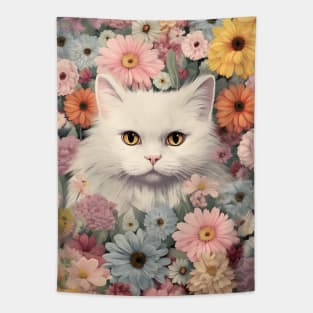 Blooming Beauty: A Whimsical Long-Haired Cat Embraced by Floral Delights Tapestry