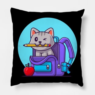 Cute Cat Biting Pencil With Bag And Apple Cartoon Pillow