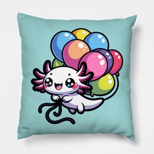 Tiny Axolotl Floating on Balloon - Adorable Salamander Amphibian Pillow