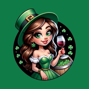 Pretty Irish Girl in green with shamrocks and a glass of wine T-Shirt