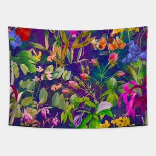 Cool tropical floral leaves botanical illustration, tropical plants,leaves and flowers, purple navy leaves pattern Tapestry