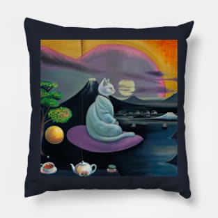 Ukyio-E Cat Neko Meditating Oil Painting Surrealism Pillow