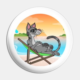 Cat Chilling At Beach With Sunset Comic Style Pin