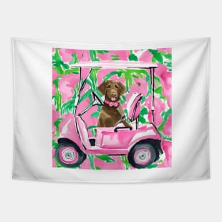 Preppy brown Labrador in a golf cart Tapestry