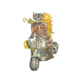 Steampunk Yellow Umbrella Cat Riding Motorcycle T-Shirt