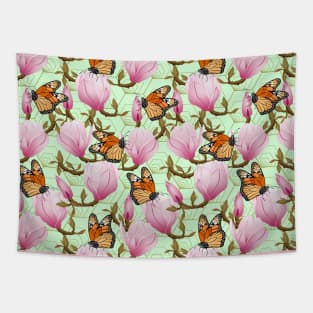 Magnolia Flowers With Butterflies On Green Background Tapestry