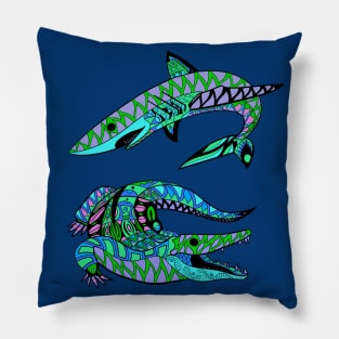 the shark and the gator in funny pattern ecopop Pillow