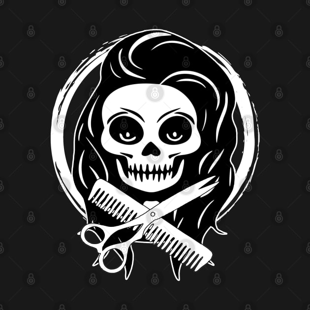 Female Hairstylist Skull and Hairdressing Tools White Logo by Nuletto