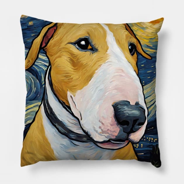 Adorable Bull Terrier Dog Breed Painting in a Van Gogh Starry Night Art Style Pillow by Art-Jiyuu