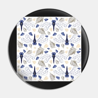 Blue Dragonfly and Leaf Pattern on White Pin