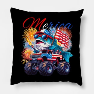 Fish riding monster truck for 4th of july Pillow