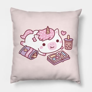 Cute Unicorn Chilling With Manga Chips And Boba Tea Pillow