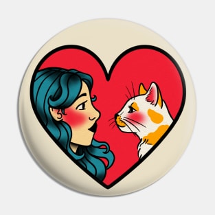 Cat Mom Love Heart American Traditional Tattoo Style Pin