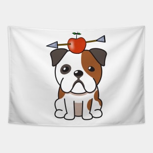 Funny Bulldog is playing william tell with an apple and arrow Tapestry